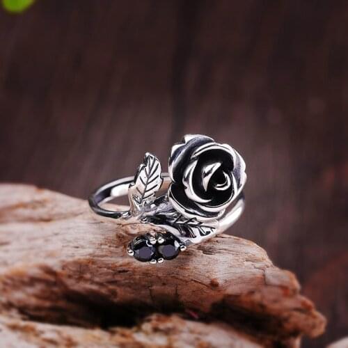 Unique Ladies Rose Ring With Black Zircon Elegant 925 Sterling Silver Adjustable Ring Vintage Promise Wedding Rings For Women