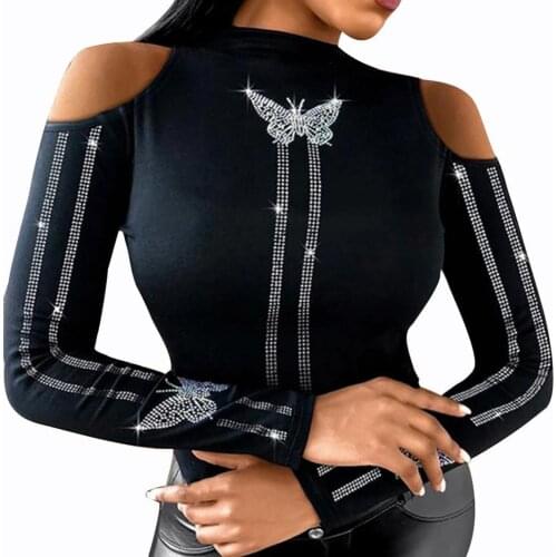 Fashion Diamond Butterfly Decorate Slim Blouse Shirt Women Sexy Off Shoulder Shirt Blusa Spring Casual Long Sleeve Tops Pullover