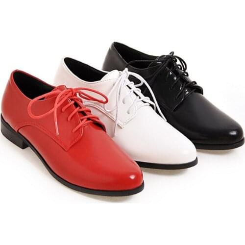 Womens Shoes Retro Round Toe Low Square Heel Single Shoes Lace-up College Wind Leisure Oxford Shoes white black red
