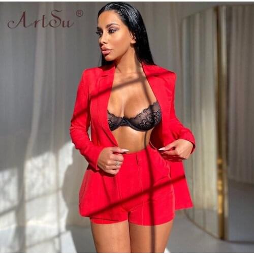 ArtSu Blazer Single Button Women OL Slim Outerwear Long Sleeve Low Cut Fashion Outfits Sexy Party Blazer And Shorts 2 Piece Set