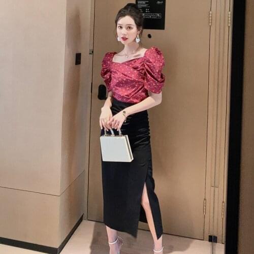 2 Piece Set Summer Vintage Women Suit Puff Sleeve Square Collar Print Top and Black Skirt Two Piece Set Elegant Vintage Vestidos