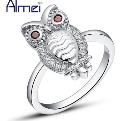 Almei Dropshipping USA Womens Jewellery Silver Color Rings Owl Cute Fashion Crystal Ring Animal Jewelry Korean Kids Gift J402