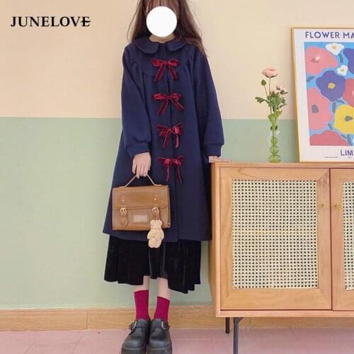 JuneLove Spring Japan Style Cute Warm Coat Women Long Outerwear Girl Sweet Lantern Sleeve Bow Single Breasted Wool Blends Jacket