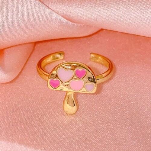 90s Aesthetic Pink Heart Mushroom Ring for Women Y2K Jewelry Vintage Cute INS Ring Charm Egirl Fashion Friends Gifts New