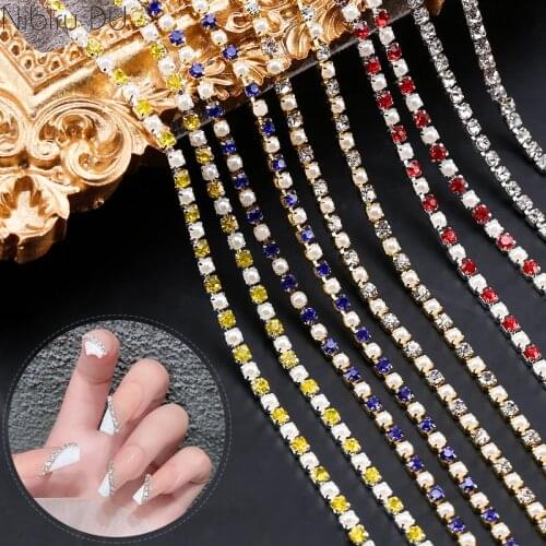 1.5mm/2mm Nail Rhinestones Pearl Chain Gold Silver Base 3D Rhinestone Nail Charms Decorations DIY Nail Art Accessories Jewelry