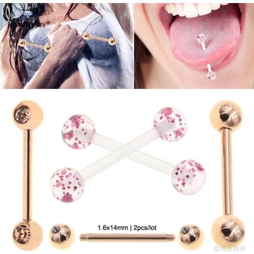 2 pcs/lot Flashing Powder Barbell Tongue Piercing Tongue Ring Soft Acrylic Nipple Rings Bijoux Helix Piercing langue Sex Pircing