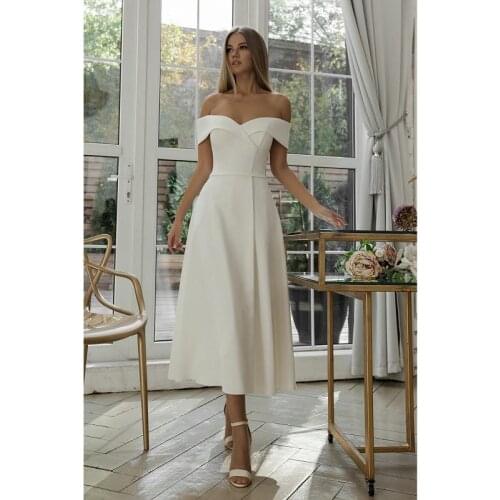 Ivory Satin Chiffon Off The Shoulder Mid -Calf A-Line Wedding Dresses Custom Made Split Bridal Gowns