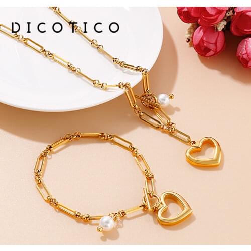 Heart Chain Jewelry Set For Women Imitation Pearl Beads Stainless Steel Necklaces Bracelets Sets Fashion Women Wedding Choker