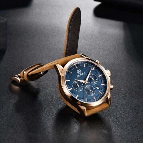 Top Brand BNEYAR 2021Mens Quartz Wristwatch Fashion Sports Chronograph Military Waterproof Leather Watch Men Relogio Masculino
