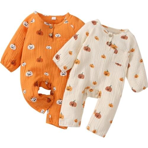 Infant Baby Halloween Jumpsuit, Pumpkin Print O-Neck Long Sleeve Romper with Buttons for Toddler Girls, Boys, 0-18 Months