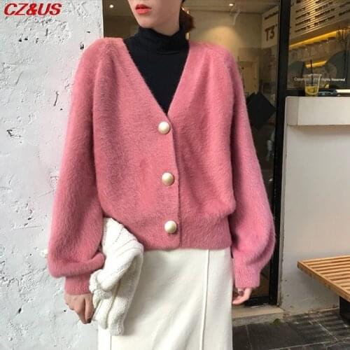 2021 Autumn Winter Fashion V-neck Mink Sweater Cashmere Soft Feeling Single Breasted Long Sleeve Knitted Cardigan Loose Tops