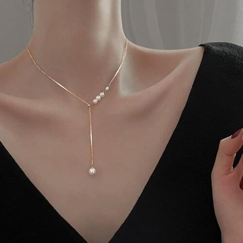Luckydays New Pearl Tassel Adjustable Necklace for Women French Simple Light Luxury Clavicle Chain Gift