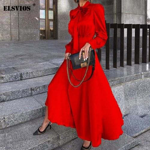 New Women Fall O Neck Long Sleeve Dress Casual Solid Color All-match Dress Elegant Butterfly-Tie Temperament Party Long Dresses