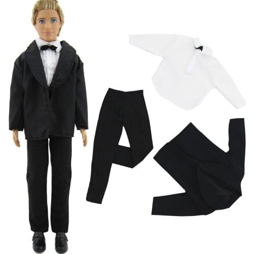 3in1 Handmade Formal Business Suit Tuxedo Black Coat White Shirt Bowknot Clothes for Barbie Ken Doll Accessories Kids Toy