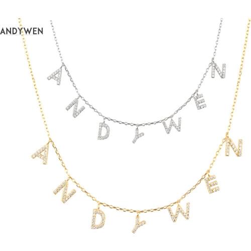 ANDYWEN 925 Sterling Silver Gold Personalized Name Pendant Necklace Alpahbet Birthday Gift Valentiens European Initial Jewelry