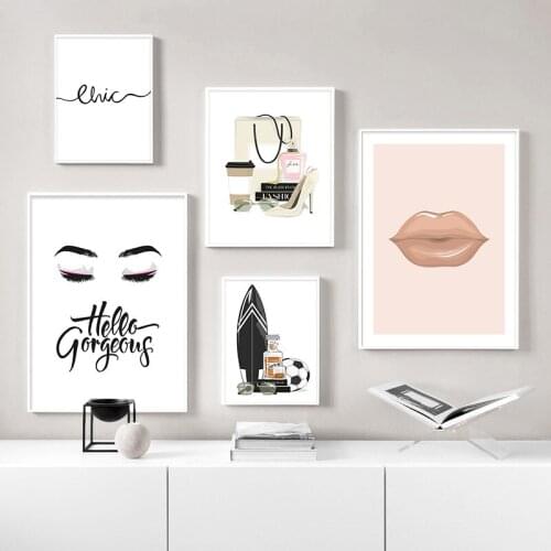 Simple Nordic fashion watercolor beauty red lips eyes lipstick high heels perfume beauty makeup decoration picture printing