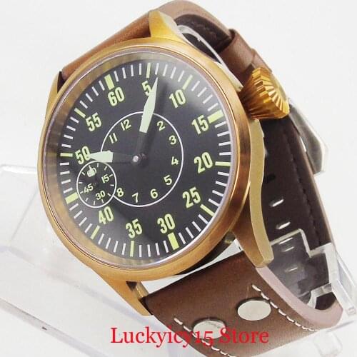 Hand Winding Men Watches 44mm Bronze Case Nologo Dial 6497 Movement Leather Strap
