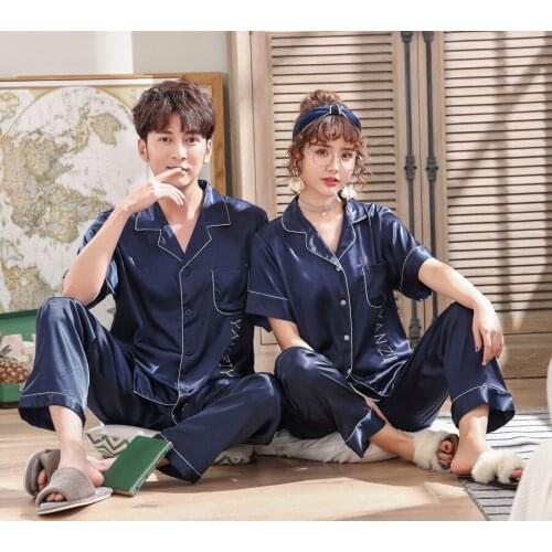 Couple Silk Satin Pajamas Pyjamas Set Short Sleeve + Pants Sleepwear Pijama Pajamas Suit Women & Man Sleep 2PC Set Loungewear