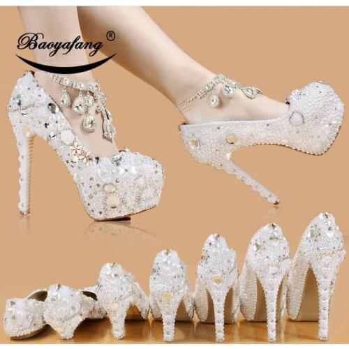 White pearl Wedding shoes crystal Ankle strap High round Toe Pumps Platform shoes Thin Heel fashion shoe woman