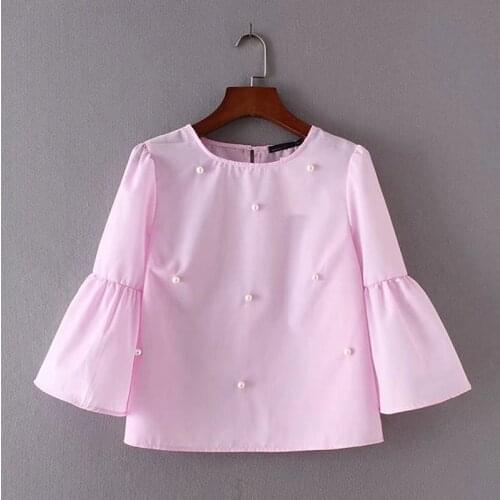 Spring Summer T Shirt Women Three Quarter Sleeve T Shirt Beading Loose Flare Sleeve Top Female Casual Tees Women