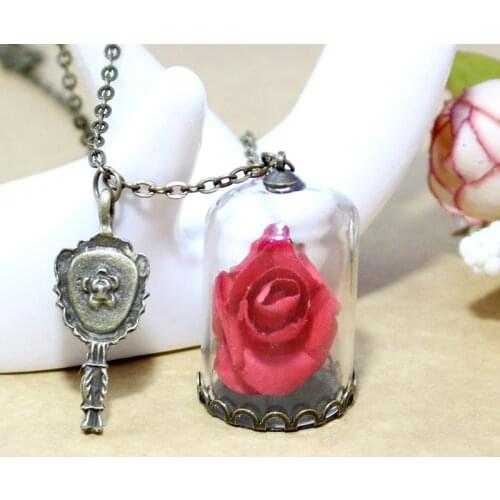 1PC Vintage Jewelry with Bronze Plated little Prince Dried Rose Flower Glass Wish Bottle Pendant Necklace for Women