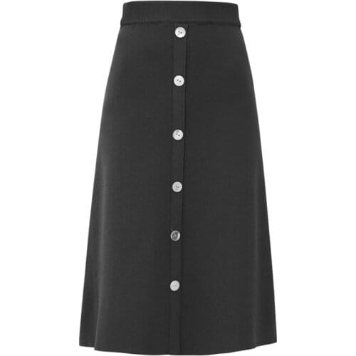 PERHAPS U Knitted Autumn Winter Button A Line Black Khaki Empire Knee Length Skirt Elegant S0101