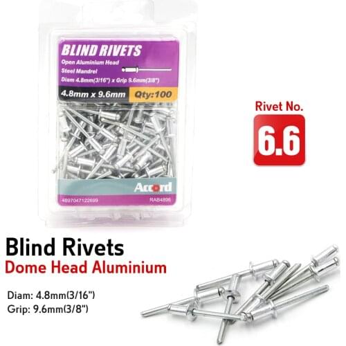 ACCORD Blind Rivet Aluminum Dia 4.8mm(3/16")xGrip 9.6mm (3/8") box of 100 500 Steel Mandrel Dome Head Blind Fastenere Pop Rivets