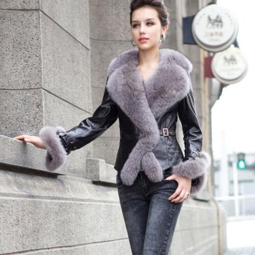 Fashion Womens Fur Coat Of Fox Fur Collar Trim Genuine Real Sheepskin Fur Jacket Ladies Natural Leather Outwear Real Price