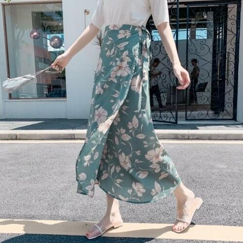 Zoki 28 Color Boho Women Chiffon Skirt Fashion Print Summer Beach Sun Long Skirt Elegant Plus Size Lace Up Lady Faldas 2021