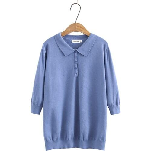Plus size turn-down collar knitted women loose tshirts 2021 summer casual ladies Elasticity t shirts female top Khaki pink blue