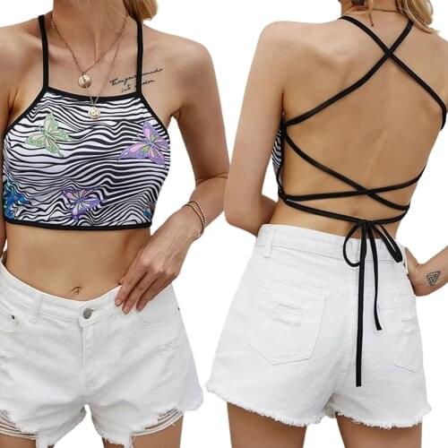 Ladies Summer Sexy Midriff-baring Camisole, Girls Zebra Print Butterfly Printing Sleeveless Backless Top Slim Base Shirt