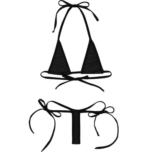 Women Micro Bikini Swimsuit Set Sexy Lingerie Set Minimal Cover Halter Neck Self-tie Bra Top with G-String Briefs Underwear Suit