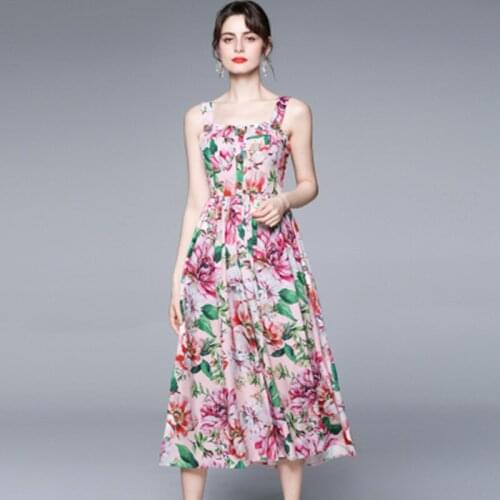 Summer Luxuriy Women Sexy Spaghetti Strap Dresses Fashion Flower Print Designer Pleats Beading Buttons Banquet Vacation Dress