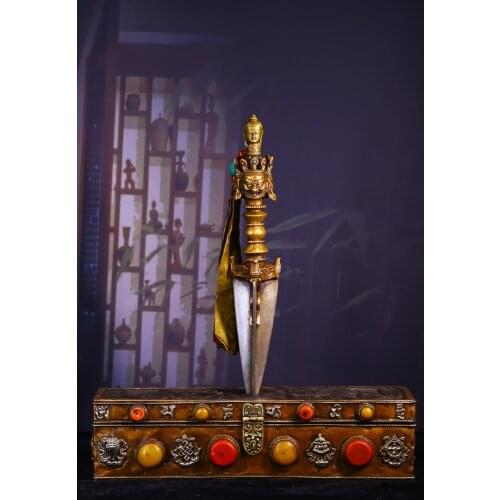 17" Tibet Buddhism Old Bronze Buddha head Skeleton Mahakala head statue box set Prayer flags Dorje Vajra Phurpa Town House