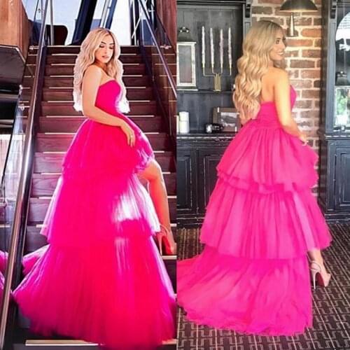 2019 Fashion Evening Dresses Sexy Strapless Sleeveless Hi-Low Prom Dress Custom Made Tiers Formal Wear