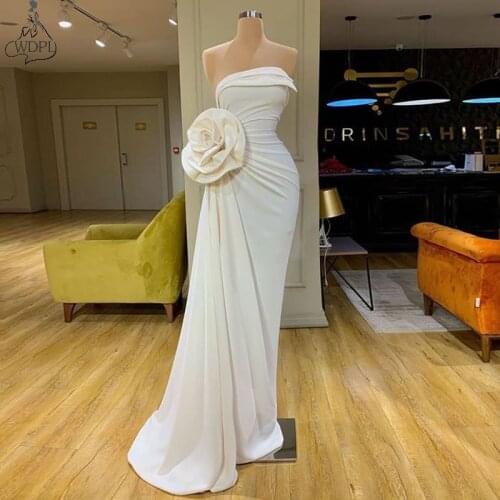 2020 Fashion Sheath Long Evening Dress Mermaid Strapless Pleated Unique Prom Dresses Hand Made Flowers Formal Party Gowns
