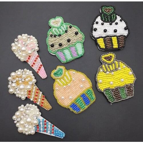 3d Handmade Rhinestone Beaded Patches Ice Cream Cake Sew on Crystal Patches for Clothing Stickers Beaded Applique Scrapbooking