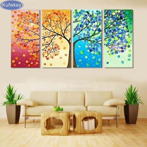 4 Pieces Colourful Leaf Trees DIY dimond painting Modern Wall Art full square drills mosaic Canvas Painting Living Room Decor