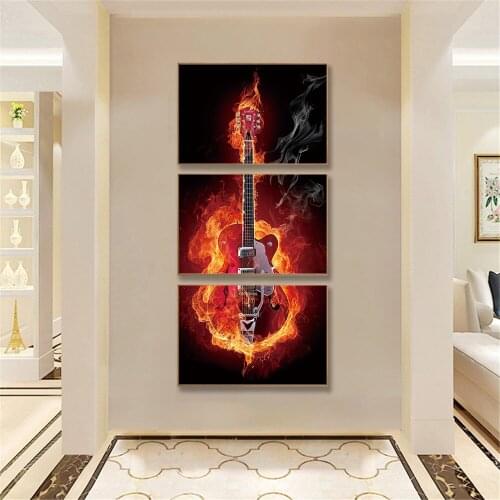 Abstract Wall Art Canvas Painting Music Poster 3 Pieces Musical Instrument Flaming Fire Guitar Living room Bedroom Decor