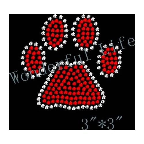 Free shipping Red with white Dog Paw Prints Iron On Rhinestone Crystal Transfer
