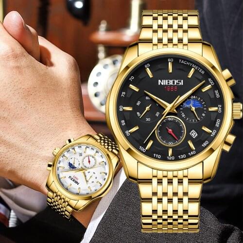 NIBOSI New Luxury Mens Watches Fashion Famous Brand Quartz Watch Men Waterproof Chronograph Gold Wristwatches Relogio Masculino