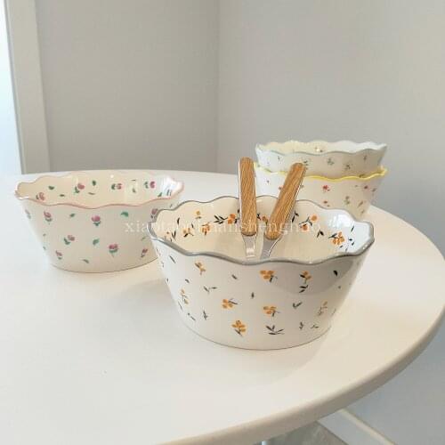 Pottery Korean fresh wave edge broken flower bowl ceramic Ramen instant noodles bowl breakfast noodle soup bowl fruit salad bowl