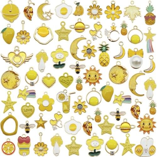 20PCS Classic Enamel Yellow Charms Random Mixed Fruit Animal Flowers Alloy Pendants Earrings Jewelry Making Accessory