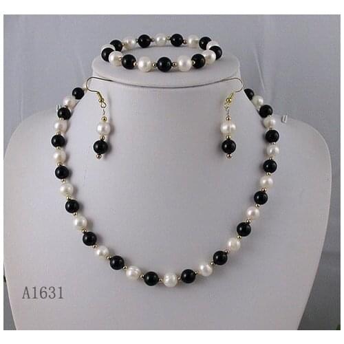 Unique Pearls jewellery Store AA 7-9MM Black Agates White Freshwater Pearl Necklace Bracelet Earrings Jewelry Set