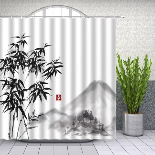 Landscape Shower Curtains Chinese Style Ink Painting Bamboo Mountain Water Bathroom Decor Waterproof Cloth Curtain Set Cheap