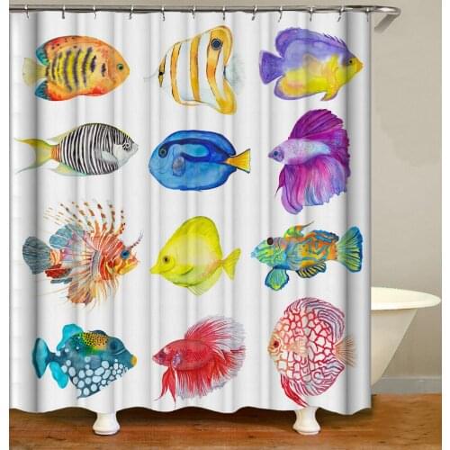 Cartoon Colored Fish Shower Curtain Bath Accessories with 12 Hooks Waterproof Polyester Fabric Bathroom Decor