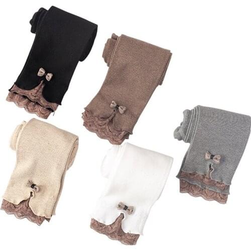 2021 Spring And Autumn New Style Combed Cotton Split Lace Bow Childrens Nine-point Pants Girls Solid Color Leggings