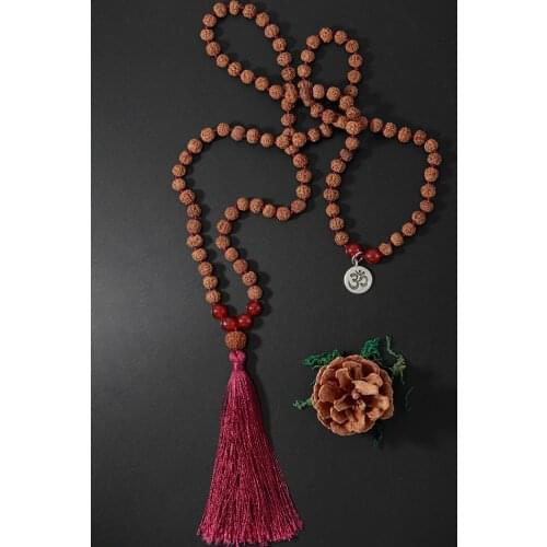 OAIITE Rudraksha and Carnelian 108 Mala Bead Neckalce Meditation Jewelry whit Yoga Pendant
