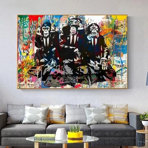 Monkey Wear A Black Suit Street Art Canvas Paintings and Animals Graffiti Art Posters Wall Decor Pictures For Living Room