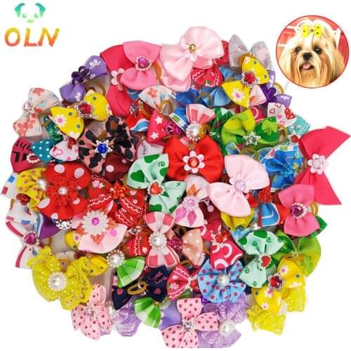 Wholesale 100pcs Dog Grooming Bows Mix 30 Colours Cat Dog Pet Head Flower Bow Jewelry Hairpin Dog Headband Teddy Rubber Band